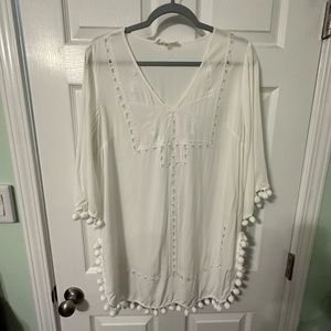 White Solitaire swim cover-up with pom-pom tassels
